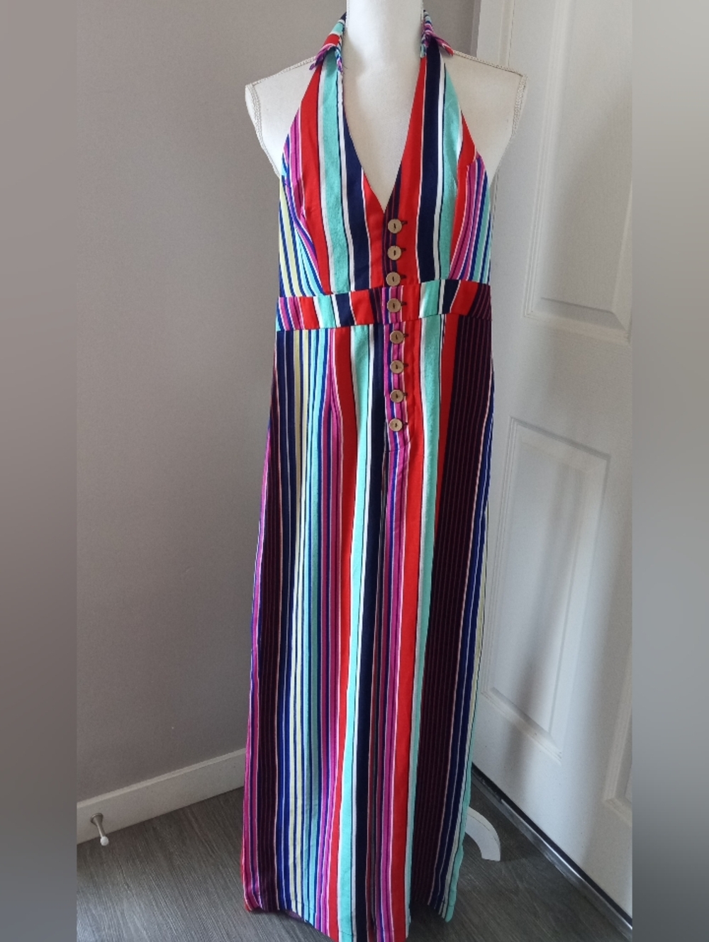 Striped Halter Maxi Jumpsuit in Multicolor